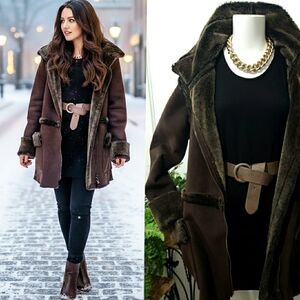 🔥Dark Brown Faux Shearling Fur Long Coat Jacket |Joe Fresh